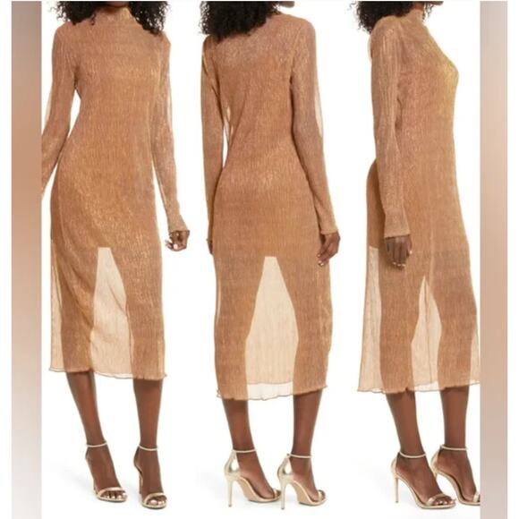 Leith Champagne Gold Long Sleeve Sheer Midi Dress Size 1X NWT Party Holiday NYE - Picture 6 of 16
